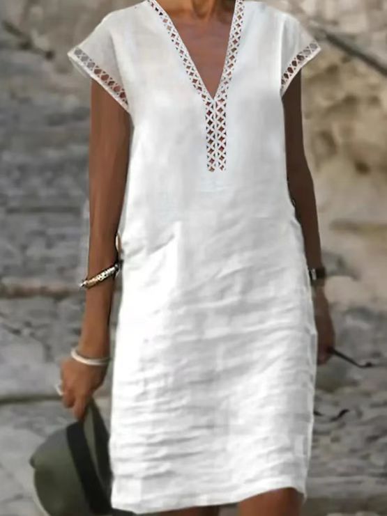 Women's Summer Solid Color Cut-Out V-Neck Short Sleeve Casual Dress