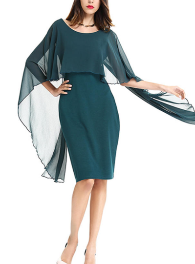 Women Round Neck Bat Sleeve Slim Fit Dress