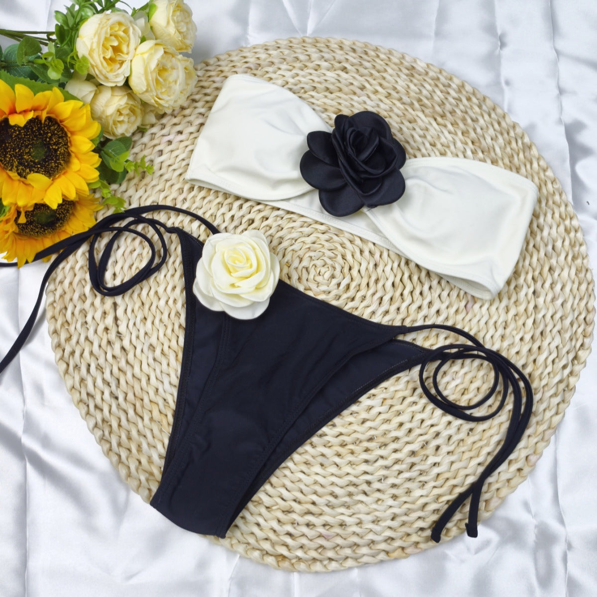 3D Floral Strapless Two-Piece Bikini Swimsuit