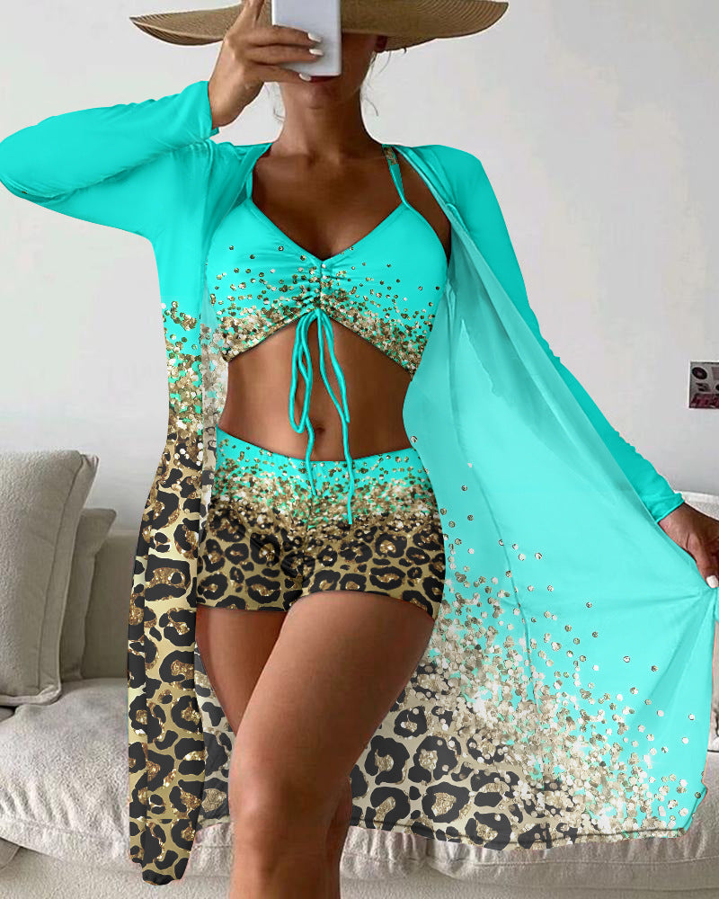Three-Piece Bikini Set with Printed Split Boxers