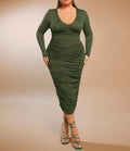 Spring/Summer Solid Color Long-Sleeved Pleated Slim-Fit Dress for Women