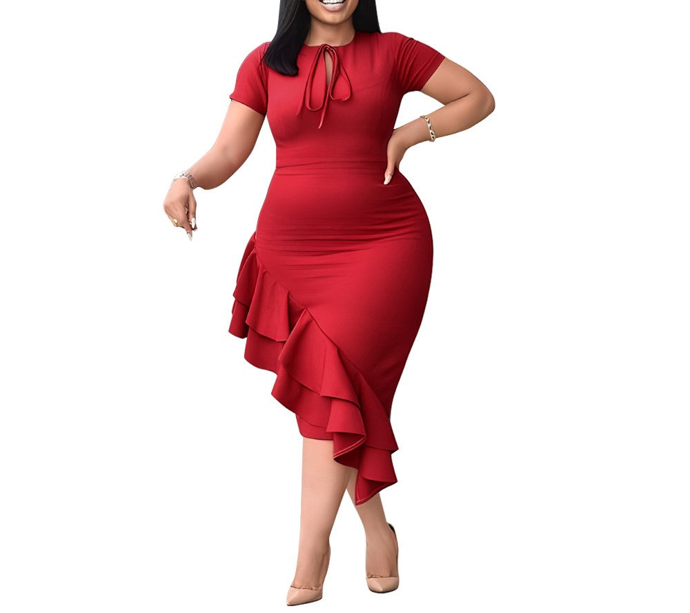 Plus Size Women's Casual Tie-Up Ruffle Hem Dress – Elegant & Comfortable Everyday Style