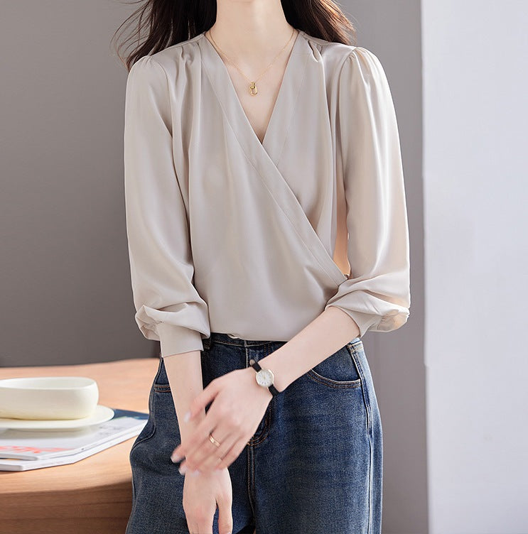 Women's Spring & Autumn Apricot V-Neck Long Sleeve Top