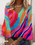 Women's Casual Loose V-Neck Striped Color-Block Top – Spring & Summer Lightweight Everyday Blouse