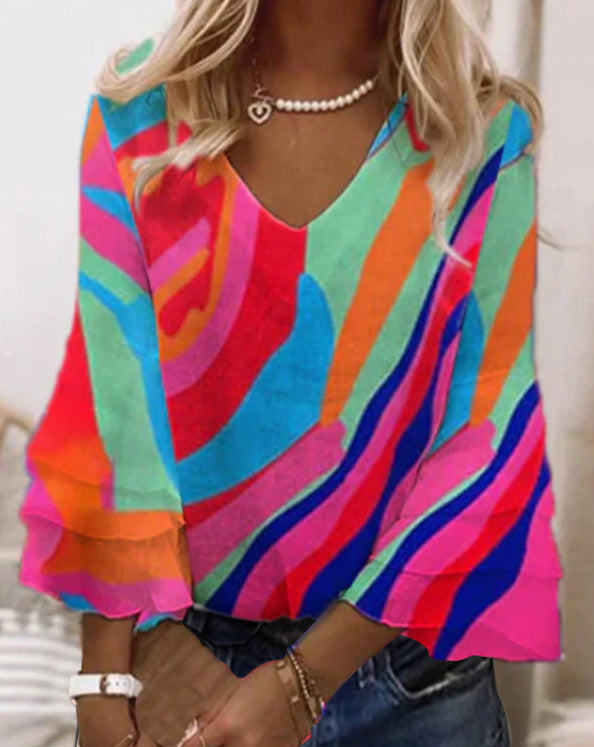 Women's Casual Loose V-Neck Striped Color-Block Top – Spring & Summer Lightweight Everyday Blouse