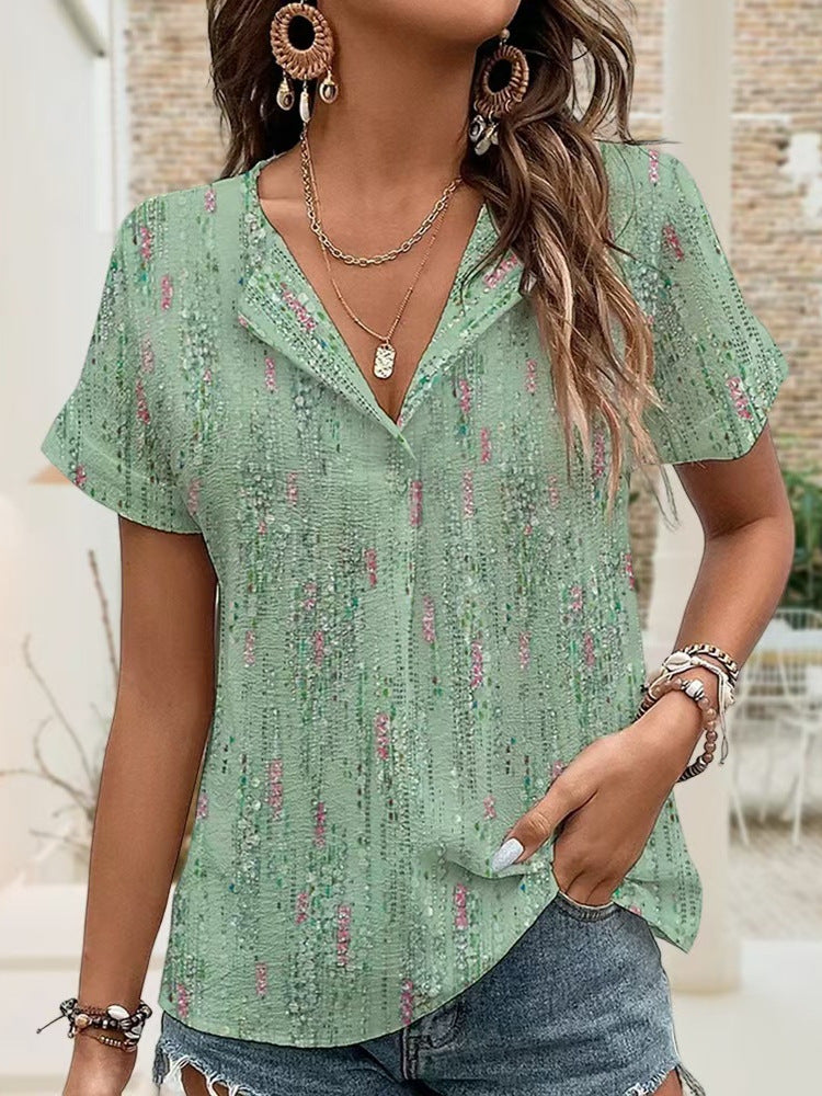 New Summer Printed V-Neck Short-Sleeved Loose Casual Top for Women – Lightweight Comfortable Everyday Wear Blouse
