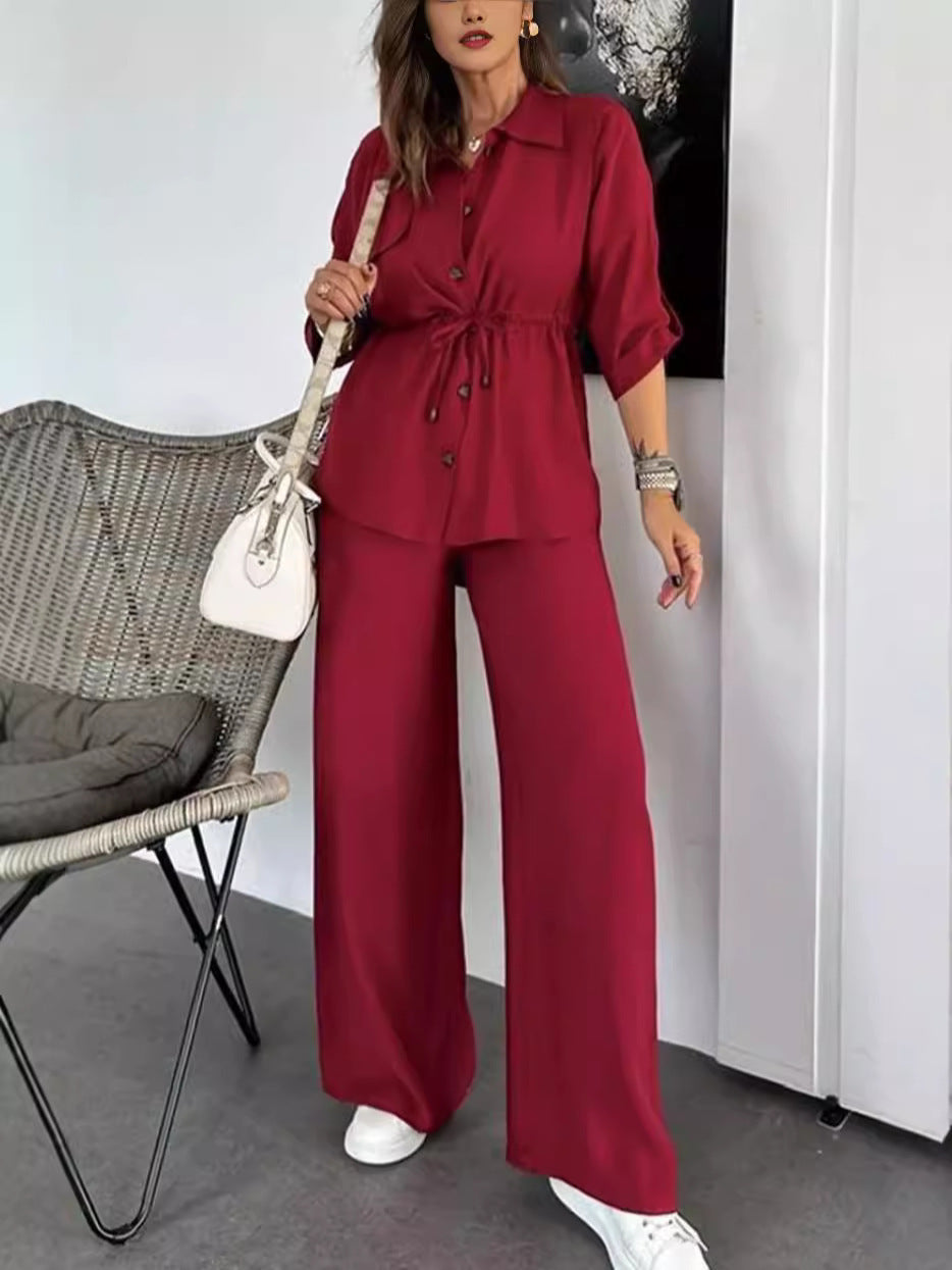 Title Women's Loose Casual Solid Color Drawstring Button 2-Piece Outfit with Patch Pockets