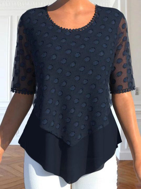 Summer New Loose Fit Round Neck Short-Sleeved Double-Layer Craft Design Top for Women