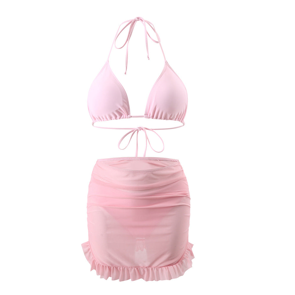 New Women's Three-Piece Set - Solid Color Hanging Neck Lace-Up Bikini with Gauze Skirt