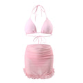New Women's Three-Piece Set - Solid Color Hanging Neck Lace-Up Bikini with Gauze Skirt