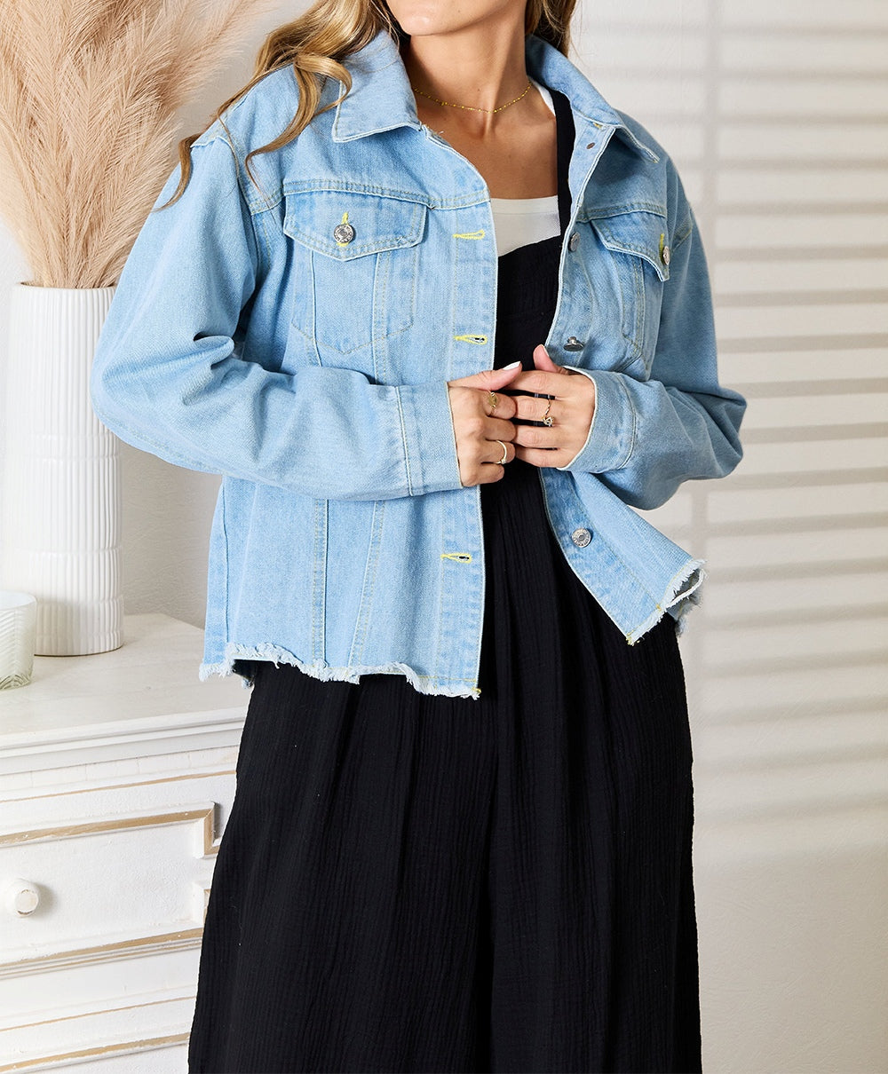 Women's Double Take Dropped Shoulder Raw Hem Denim Jacket