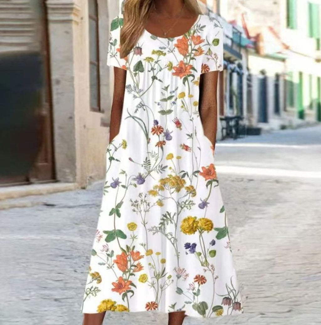 Women’s Summer Printed Square Neck Short-Sleeved Casual Dress