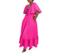 Plus Size Women's V-Neck Pleated Casual Dress with Lotus Leaf Sleeves – Elegant & Flowy Summer Midi Dress
