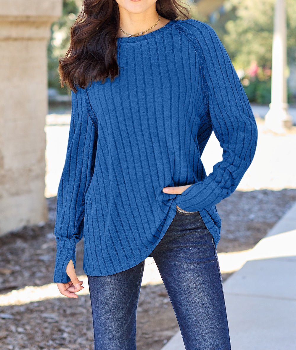 Basic Bae Full Size Ribbed Round Neck Long Sleeve Knit Top Sweater