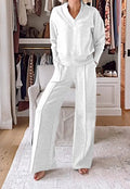 New Casual V-Neck Long Sleeve Loose Top & Wide-Leg Pants Two-Piece Lounge Set