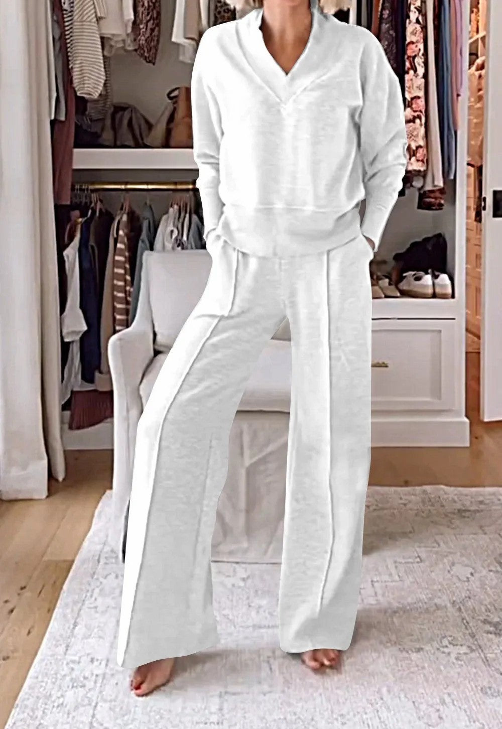 New Casual V-Neck Long Sleeve Loose Top & Wide-Leg Pants Two-Piece Lounge Set