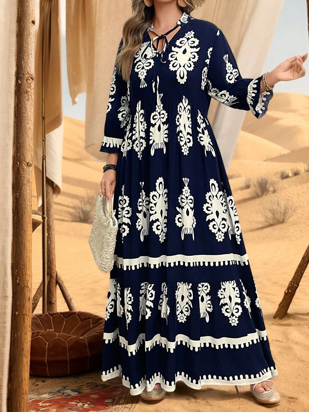 Women's Vintage Print V-Neck Long Dress, Plus Size High Waist Tie Waist Loose Fit Casual Fashion Maxi Dress