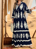 Women's Vintage Print V-Neck Long Dress, Plus Size High Waist Tie Waist Loose Fit Casual Fashion Maxi Dress