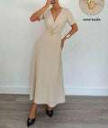 Women's Elegant V-Neck Short Sleeve Maxi Dress, Solid Color Waist-Cinching Long Dress, Flattering A-Line Casual Party Evening Dr