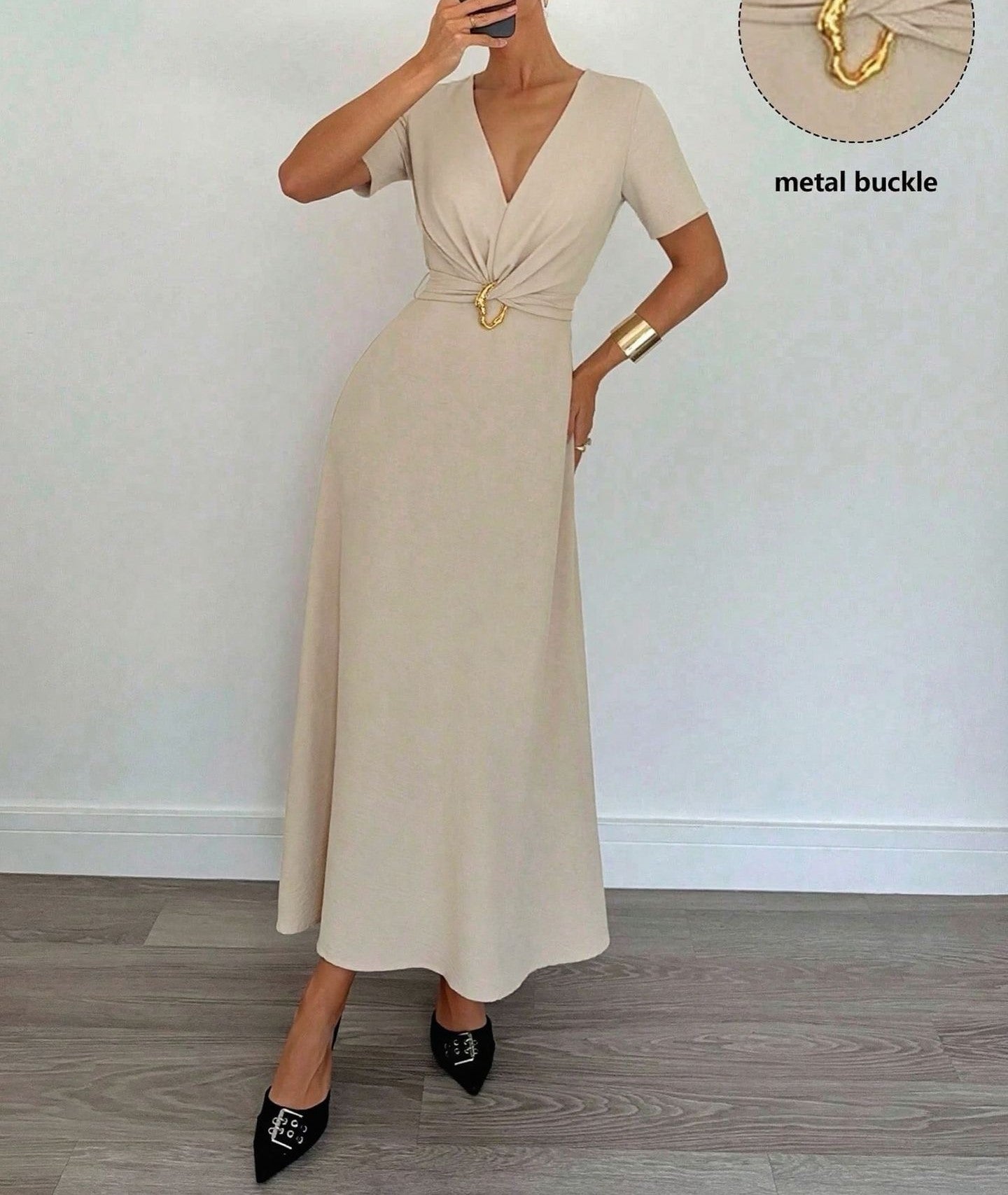 Women's Elegant V-Neck Short Sleeve Maxi Dress, Solid Color Waist-Cinching Long Dress, Flattering A-Line Casual Party Evening Dr