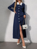 Women's Striped Turn-Down Collar Long Shirt Dress with Side Slit, Button-Front Casual Maxi Dress