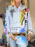 Summer Women's Printed Casual Lapel Long Sleeve Loose Fit Shirt Top