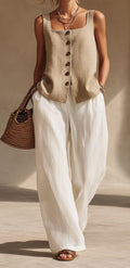 Women's Spring & Summer Front-Button Cardigan Top and Pants Two-Piece Outfit Set
