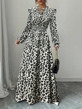 Women's Leopard Print Waist-Cinching Long Dress – Elegant Printed Maxi Dress with Flattering Fit