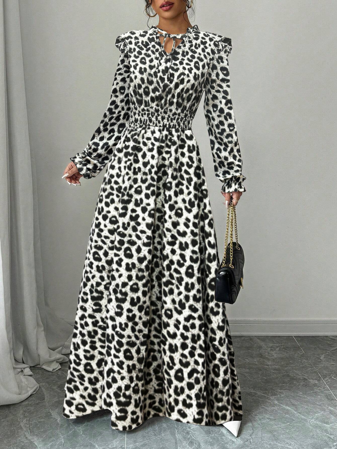 Women's Leopard Print Waist-Cinching Long Dress – Elegant Printed Maxi Dress with Flattering Fit