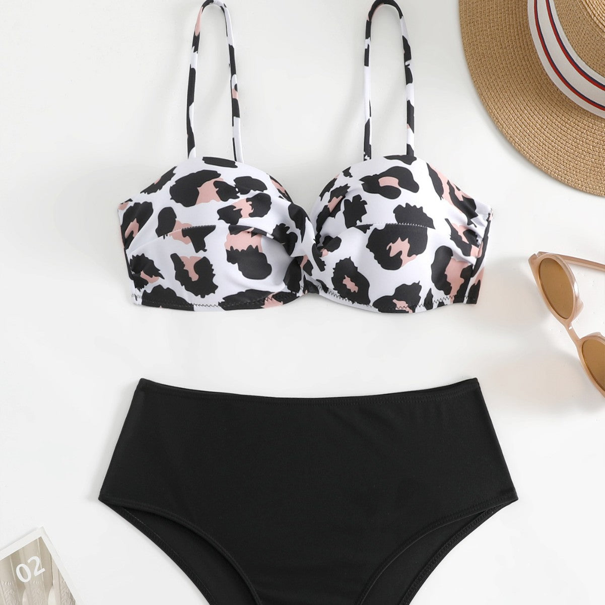 Hard Bag Leopard Print High-Waist Bikini with Gathered Detail