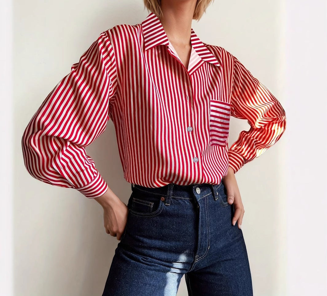 Women's Summer Loose Casual Striped Long-Sleeve Shirt