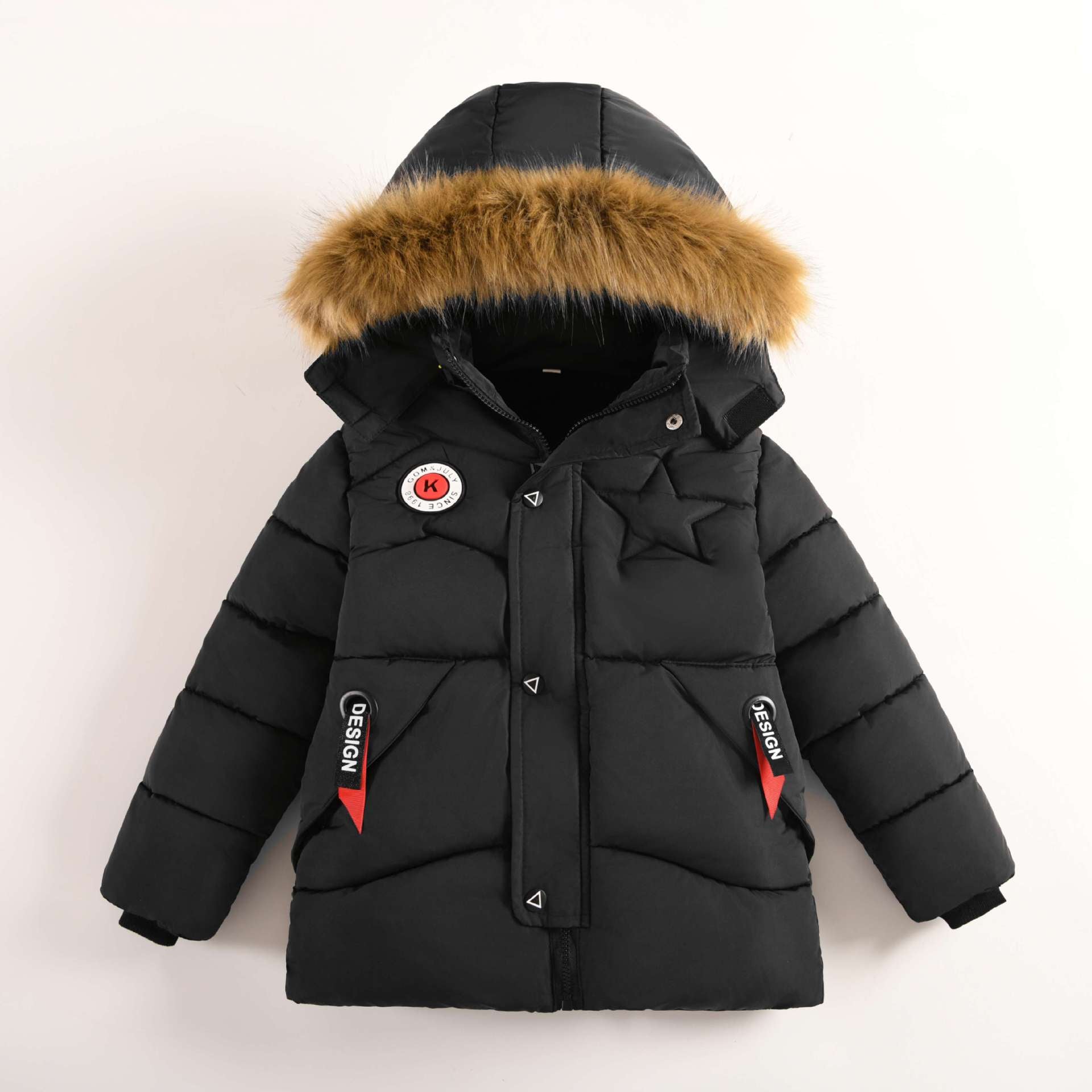 New Winter Boys’ Cotton Coat with Hood – Plush Thickened Warm Jacket for Middle and Large Children - RAC25JP3241BOW