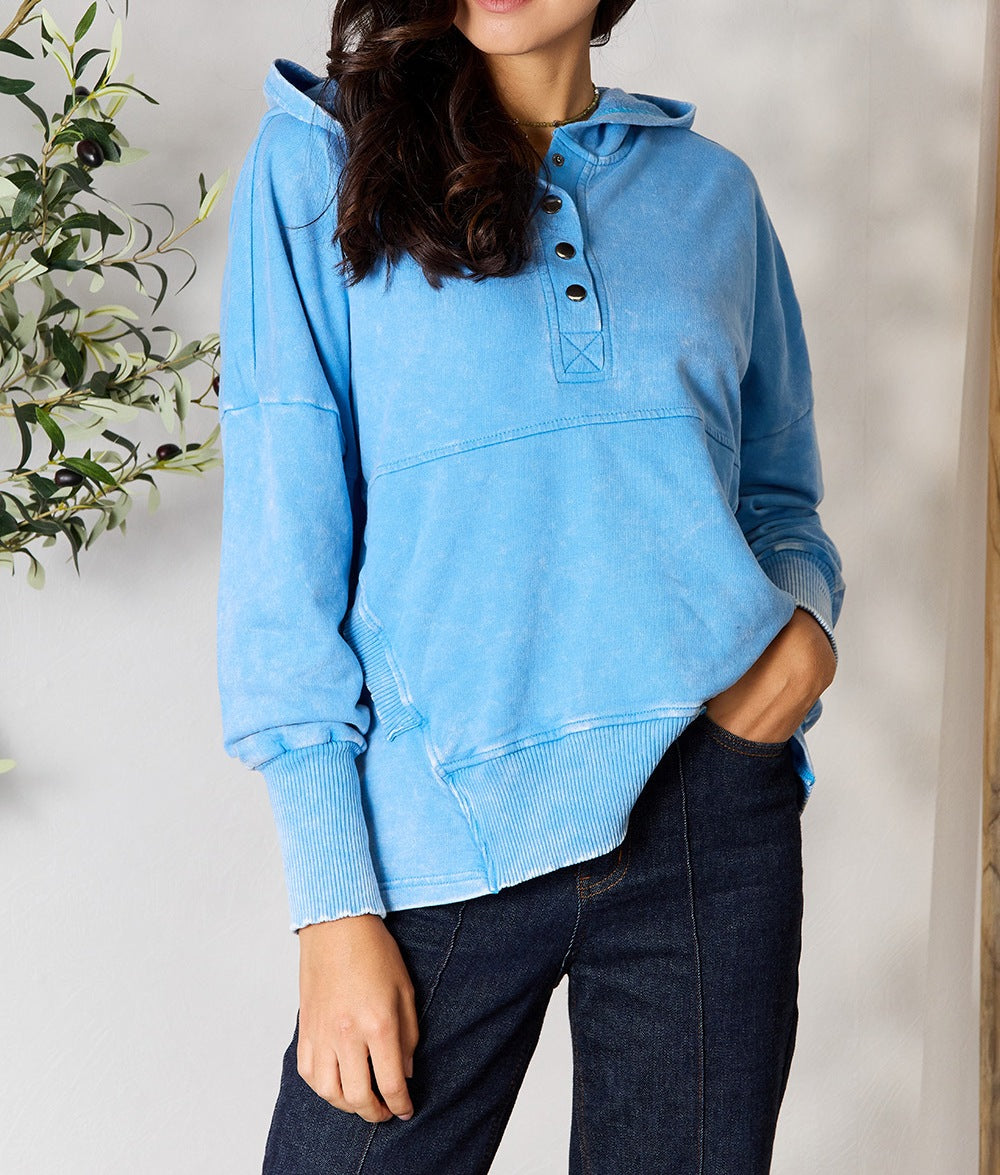 Women's Zenana Half Snap Long Sleeve Hoodie with Pockets