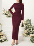 Women's Slim Fit Hip-Hugging Evening Dress - Round Neck Solid Color Elegant Bodycon Midi Dress