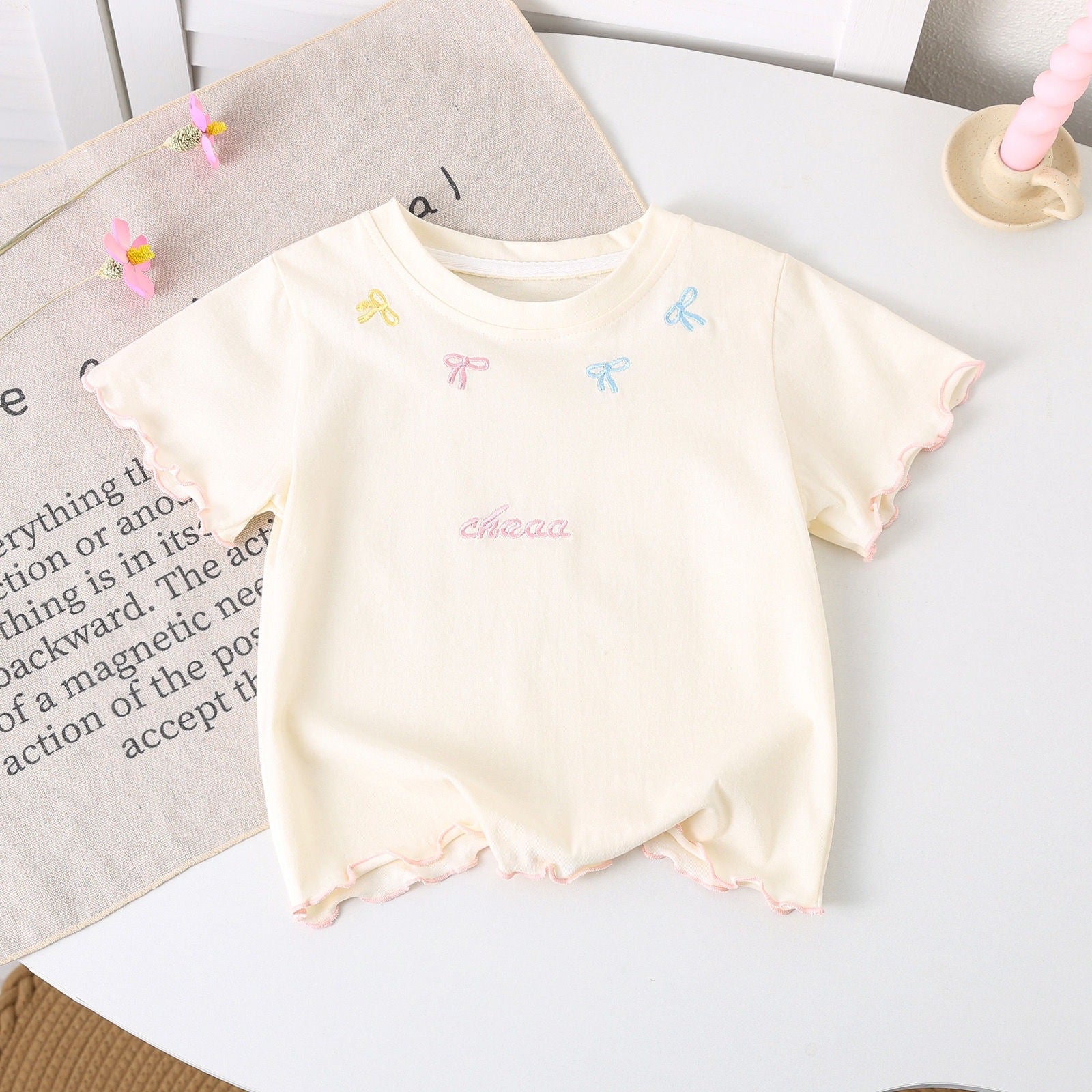 Girls’ Summer Short-Sleeve T-Shirt – Ruffled Edge Bow Letter Embroidery Top - RAC26JP5496BATT