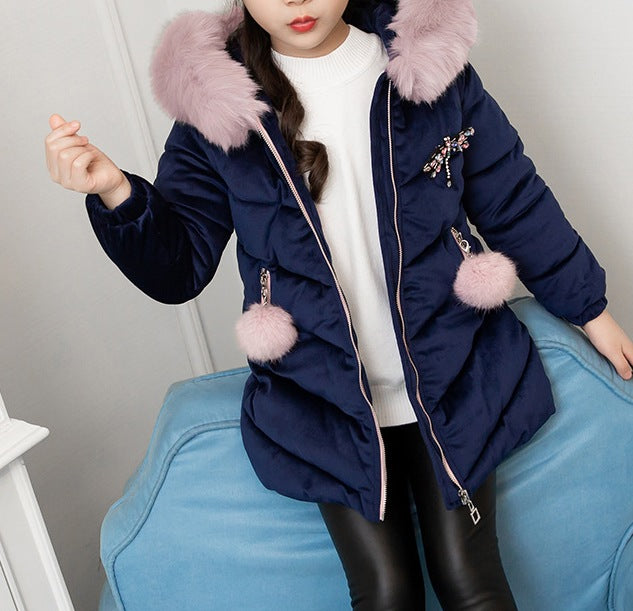 New Style Girls’ Cotton-Padded Coat – Mid-Length Gold Velvet Thickened Winter Outerwear for Children - RAC25JP3291GDRESS