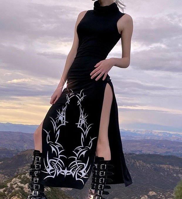 Dark-Themed Sleeveless High-Neck Fitted High-Slit Maxi Dress