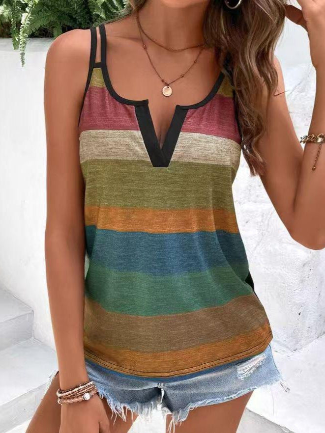 Summer Women's Printed Sleeveless V-Neck Contrast Color Casual Fashion Top