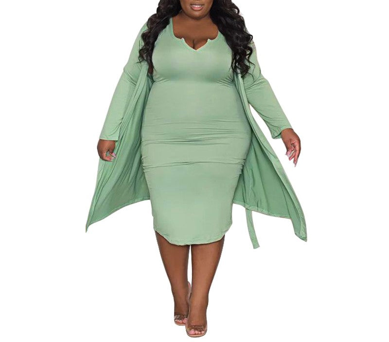 Women’s Plus Size Two-Piece Set – Long-Sleeved Shrug & Tube Top Bodycon Dress – Casual & Stylish Outfit