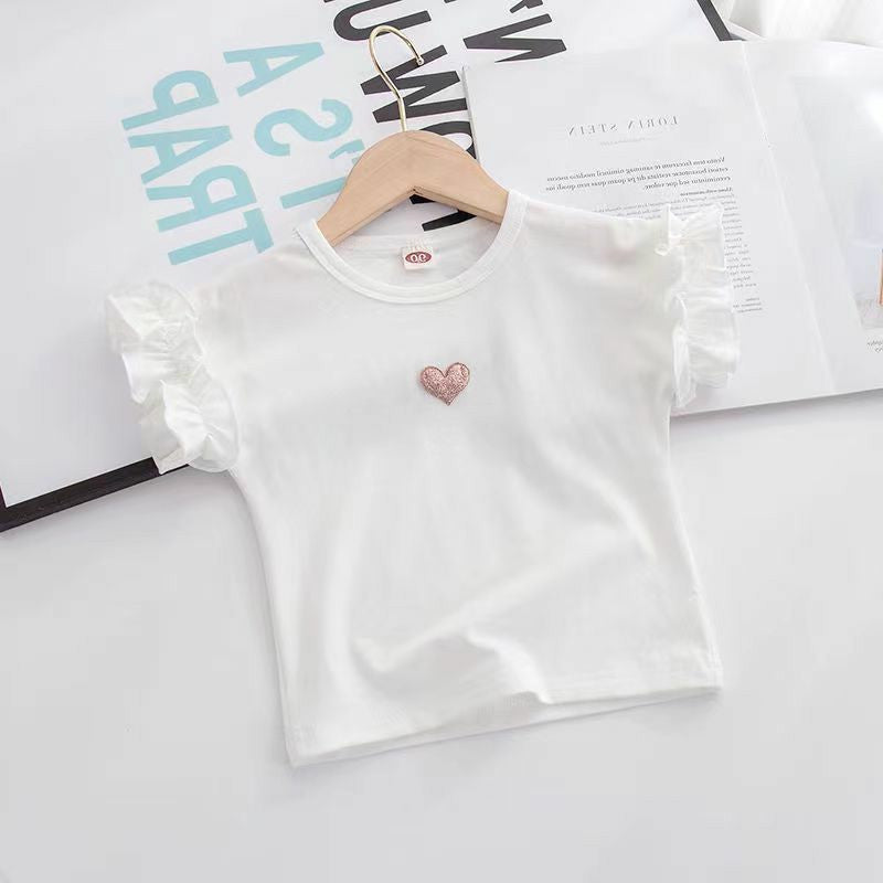 Girls Summer Short-Sleeved T-Shirt – Baby Lace Horn Sleeve Love Solid Color Top - RAC26JP5465BATT