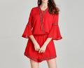 Bohemian Red Ethnic V-Neck Jumpsuit – Plus Size Beach Vacation Outfit, Loose-Fit Casual Dress Style