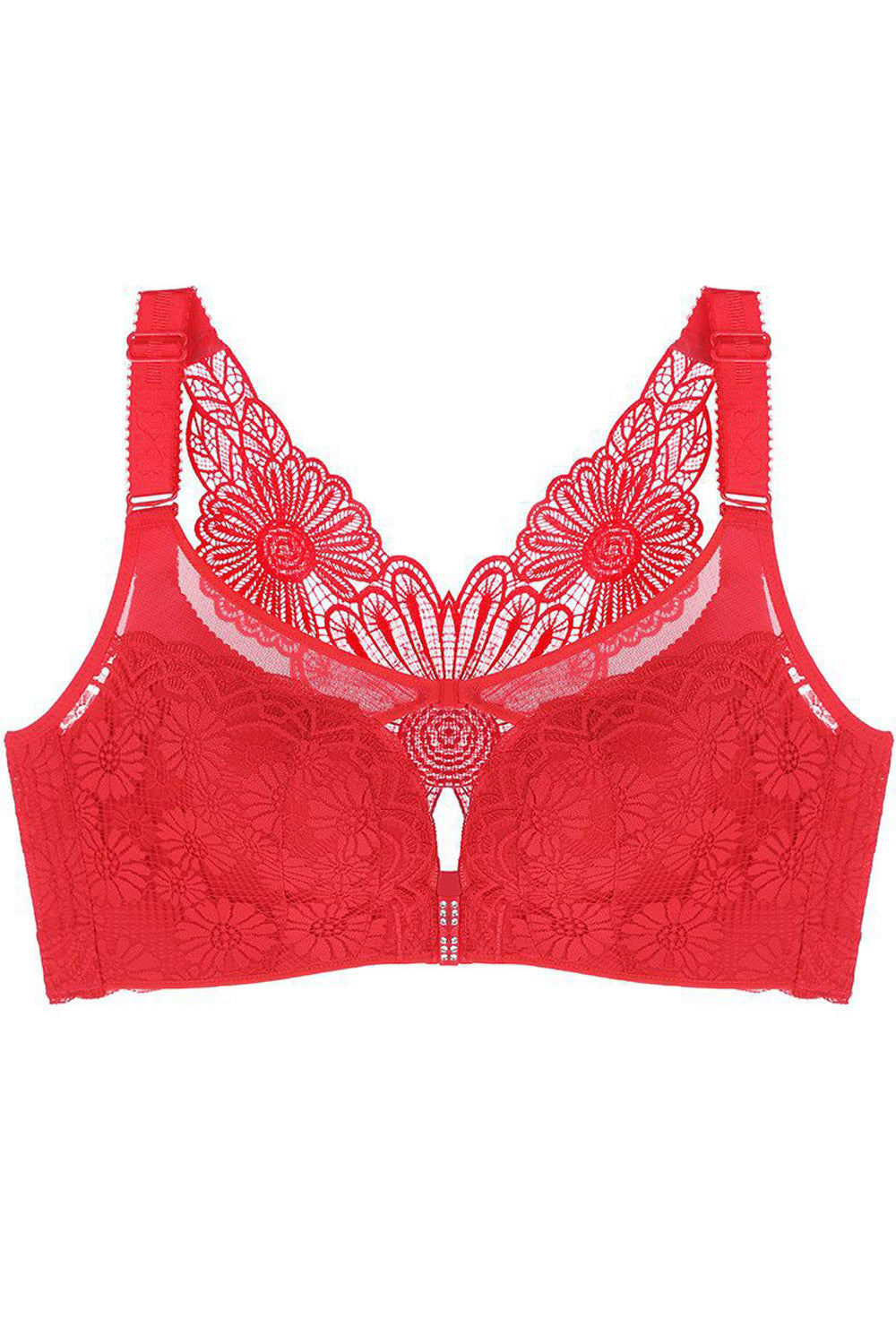 Women Plus Floral Lace Front Closure Wirefree Bar Solid Push Up Padded Bra