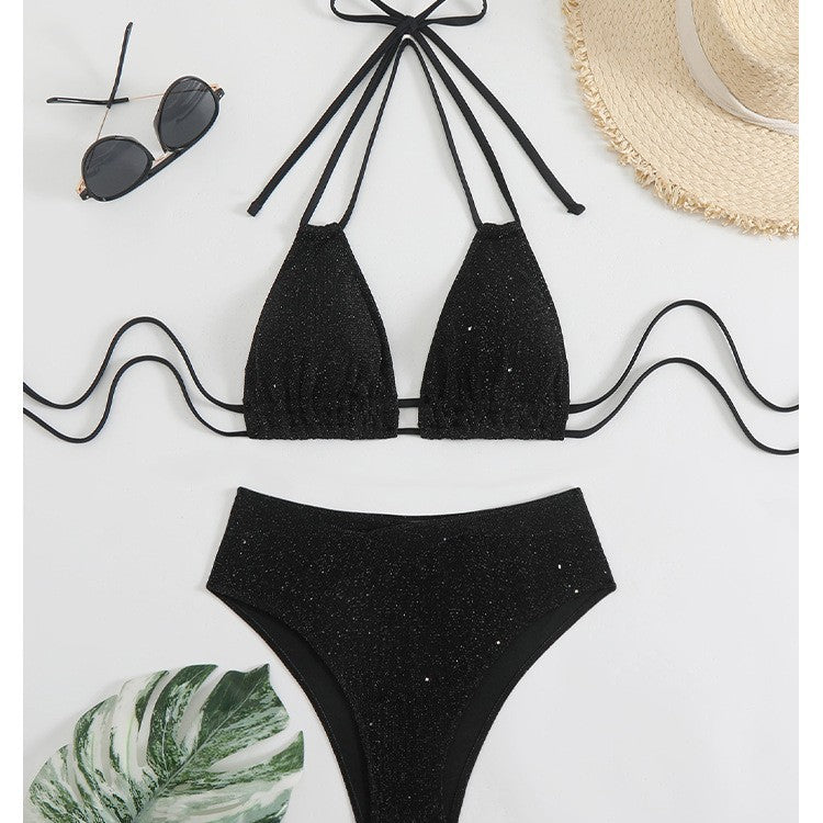 New Solid Color Drawstring Halter Neck Bikini High-Waisted Two-Piece Swimsuit