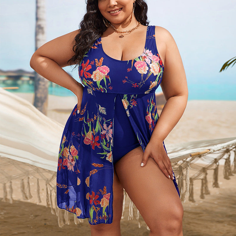 Plus Size One-Piece Swimsuit with Printed Mesh Skirt, Backless Beach Swimwear for Women