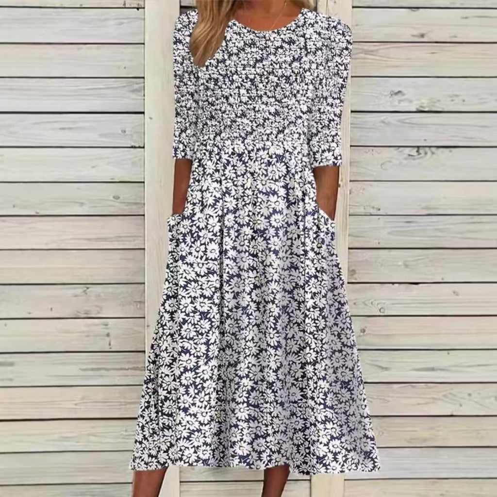 Women's Printed Round Neck Elegant Solid Color V-Neck Short Sleeve Dress