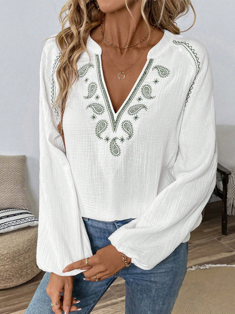 Women's Casual V-Neck Embroidered Long Sleeve Loose Fit Shirt Top