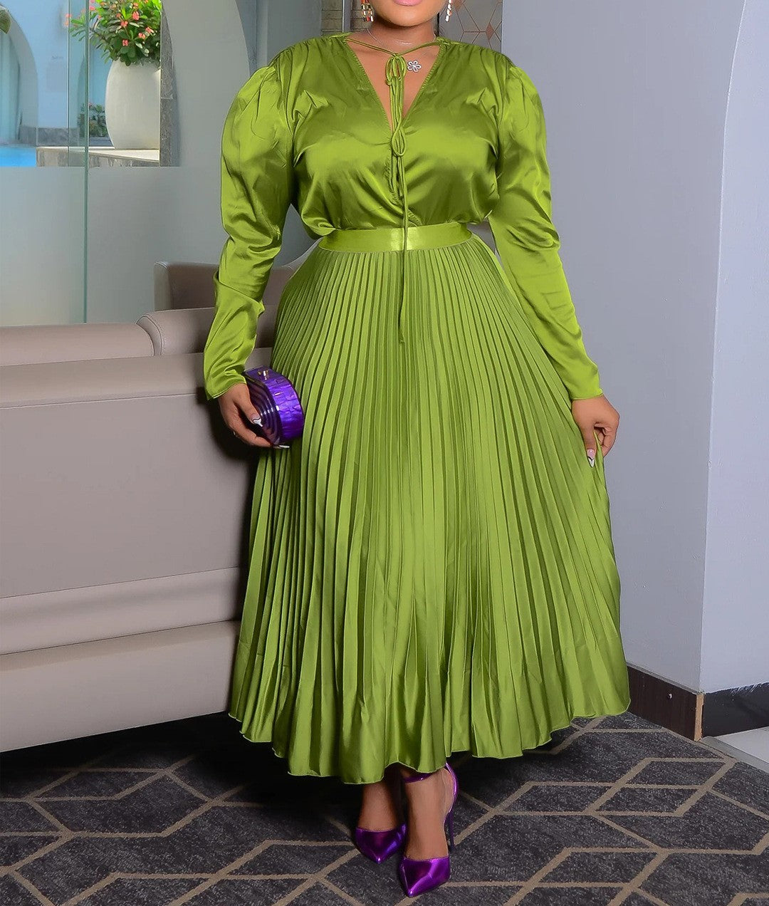 Autumn New Women’s Elegant Pleated Lace-Up Long-Sleeved Dress Set