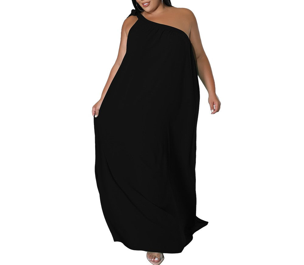 Summer Plus Size One-Shoulder Halter Neck Backless Maxi Dress – Sleeveless Solid Color Long Skirt