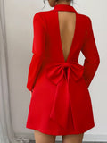 Women's Elegant Double-Breasted V-Neck Long-Sleeve Back Bow Short Dress with Open Back Detail