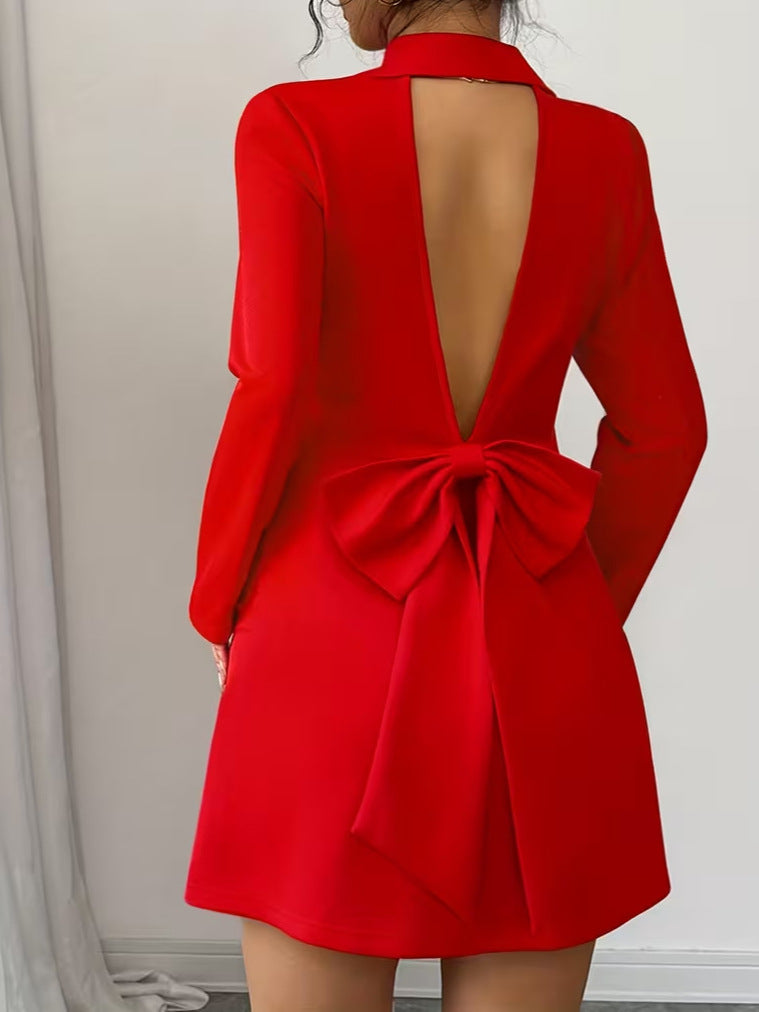 Women's Elegant Double-Breasted V-Neck Long-Sleeve Back Bow Short Dress with Open Back Detail